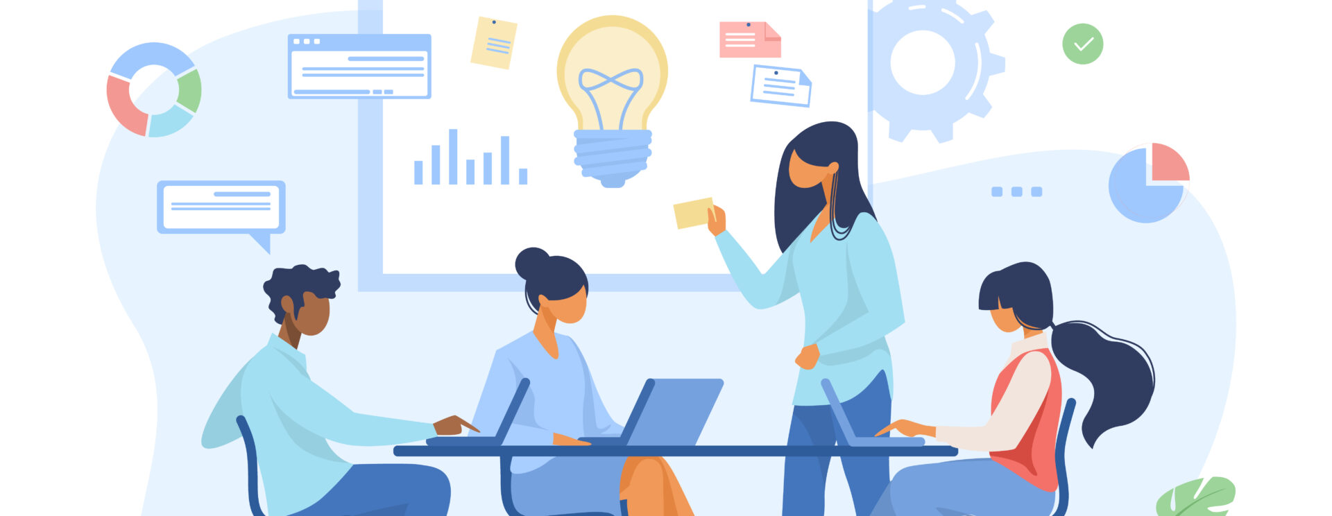 Dessin illustrant une équipe d'entrepreneurs réfléchissant à de nouveaux projets